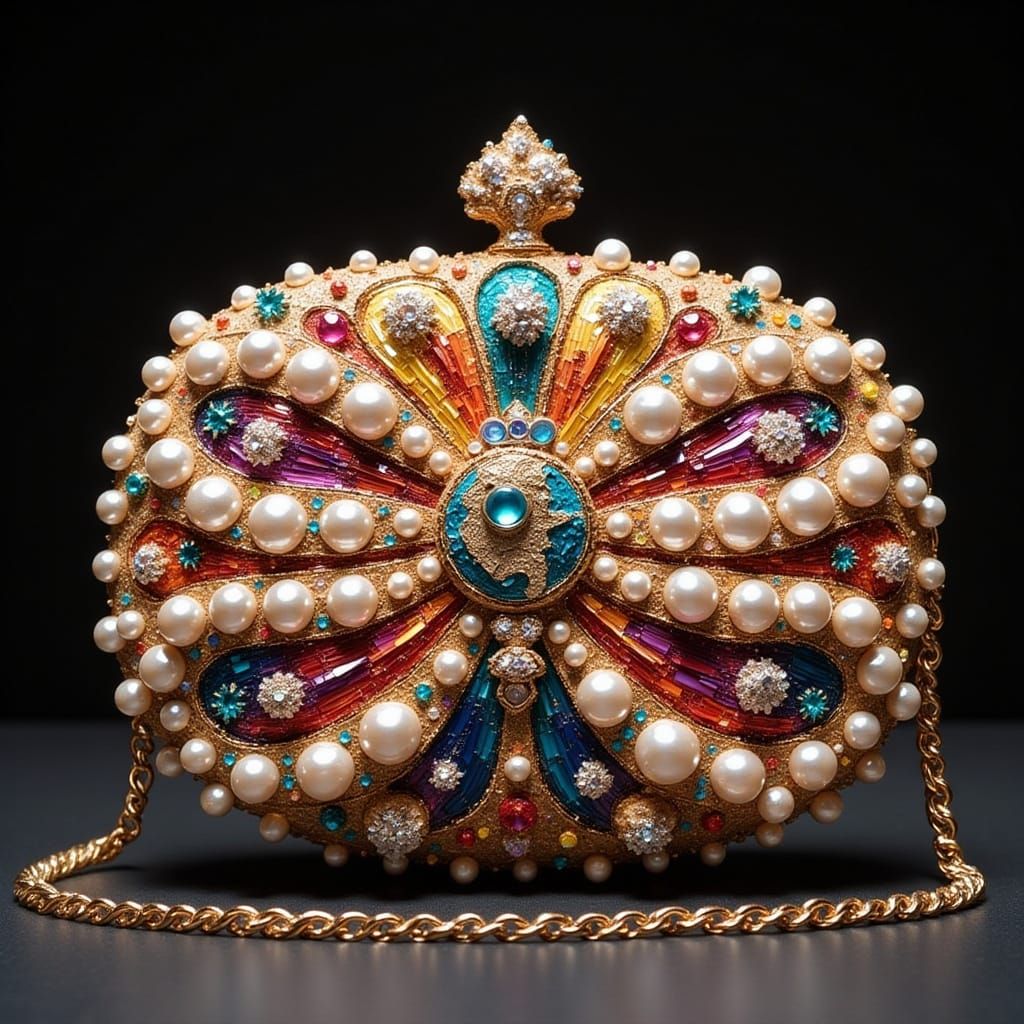 <lora:TexturedFlux:1.0> stunning, hyperdetailed evening bag adorned with a luminous sequined pattern, pearl inlay, and a...