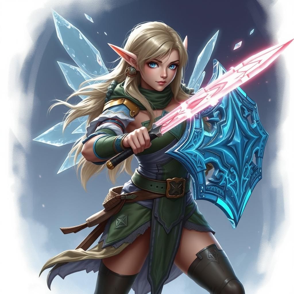 Elf Girl with Ice Shield and Glowing Sword