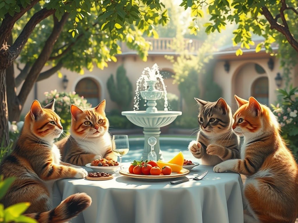 Cats Dining in Sun-Dappled Andalusian Garden