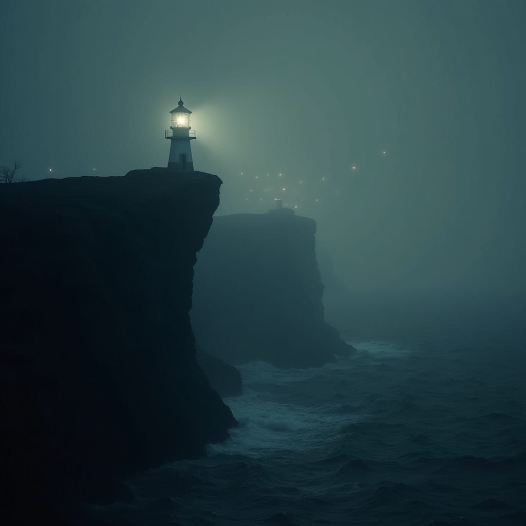 Solitary Lighthouse in Noir Fog