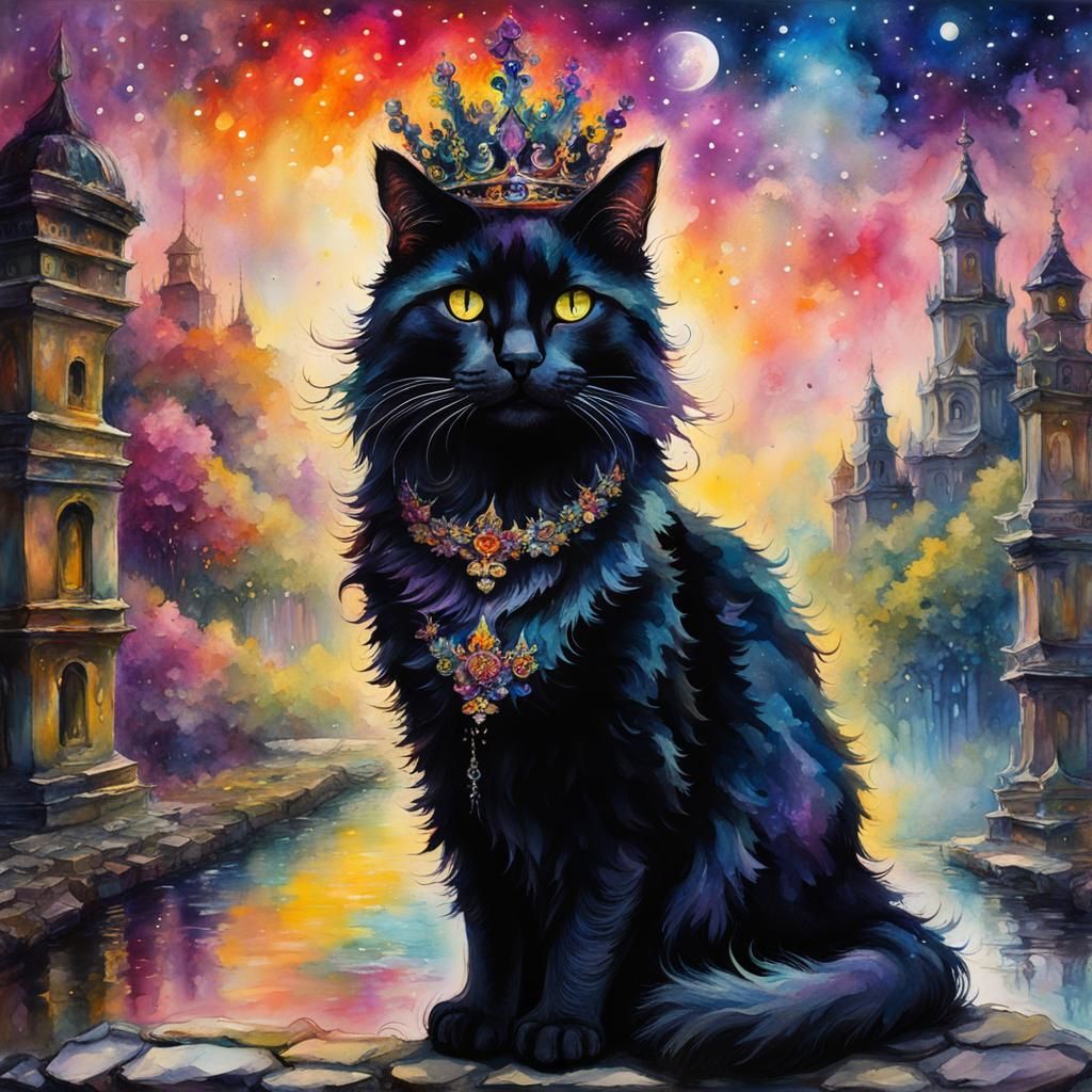 Regal Black Cat Silhouette in Colorful Graffiti Style