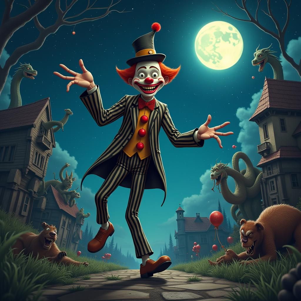 Creepy Clown Dance Under Moon in Cartoon Style