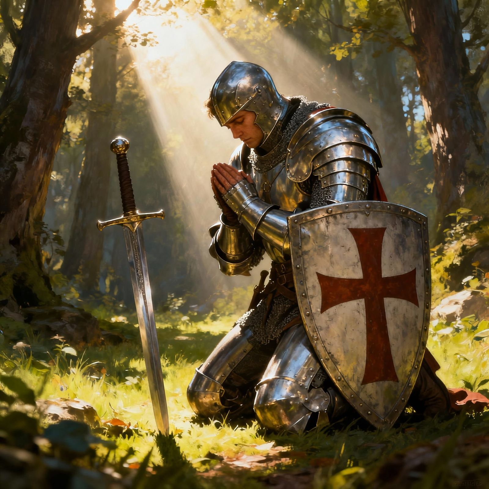 Knight in Armour Kneeling in Prayer