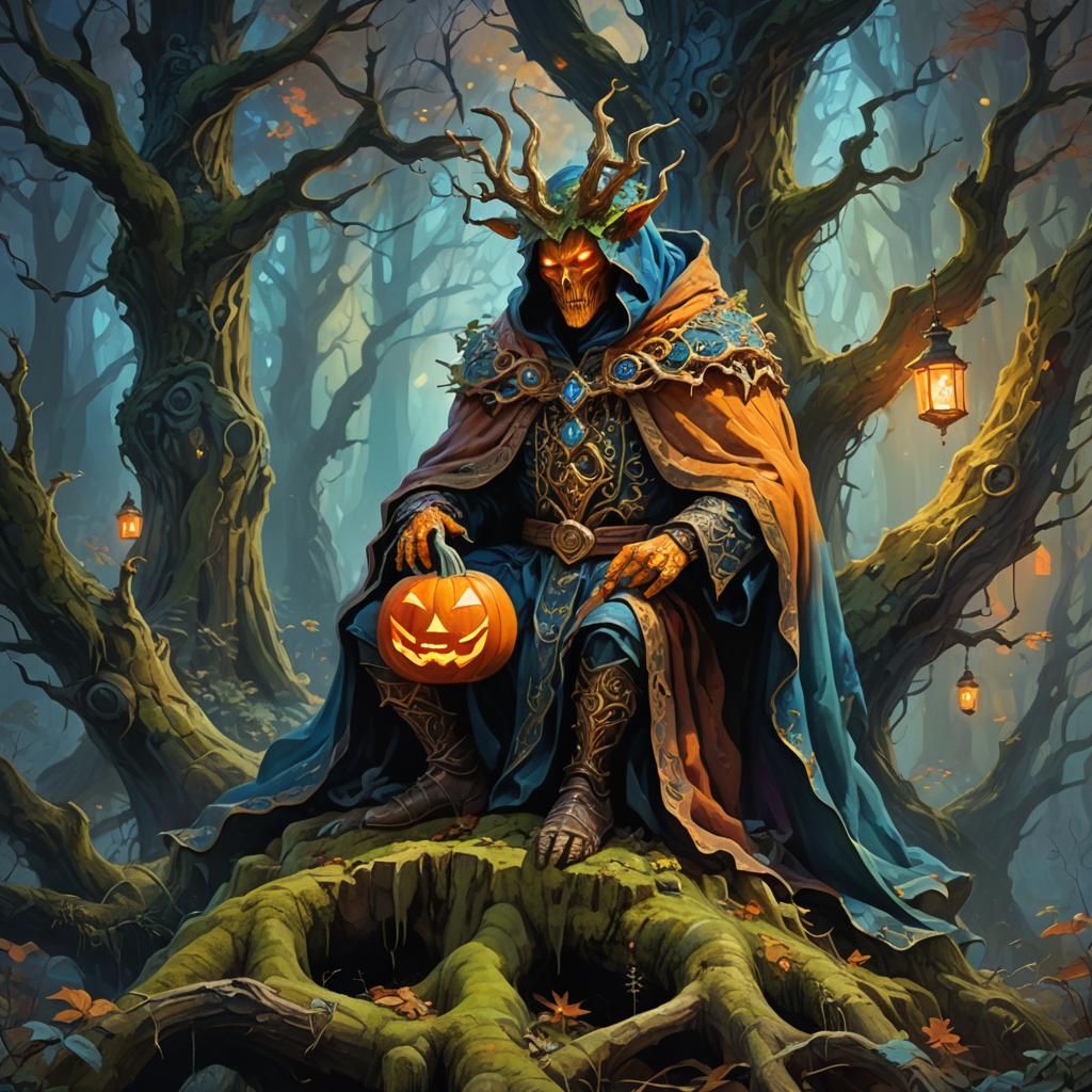 Pumpkin-Headed Humanoid in Mystical Forest: Fantasy Art
