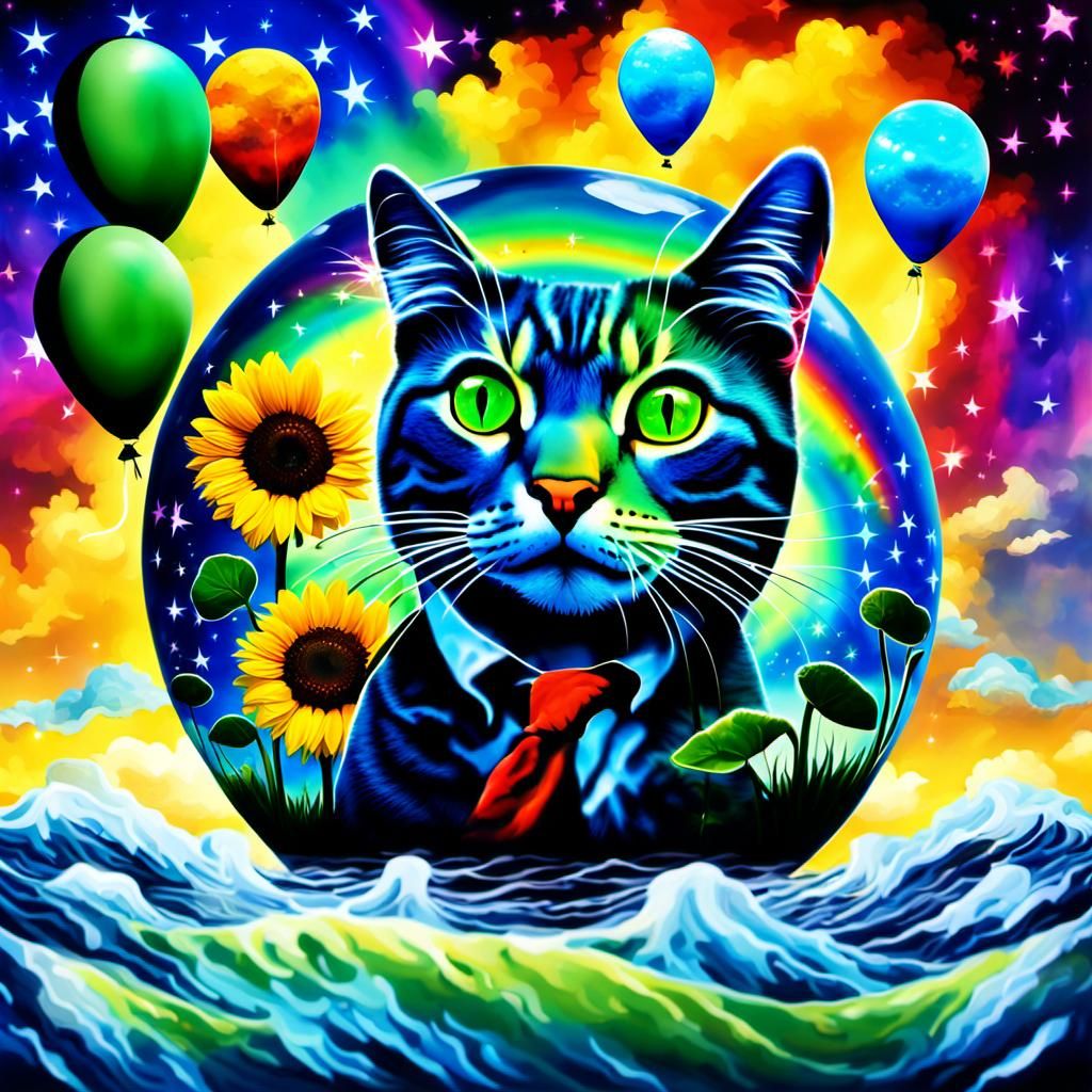 Surreal Rainbow Sea in Glass Sphere: Cyberpunk Art