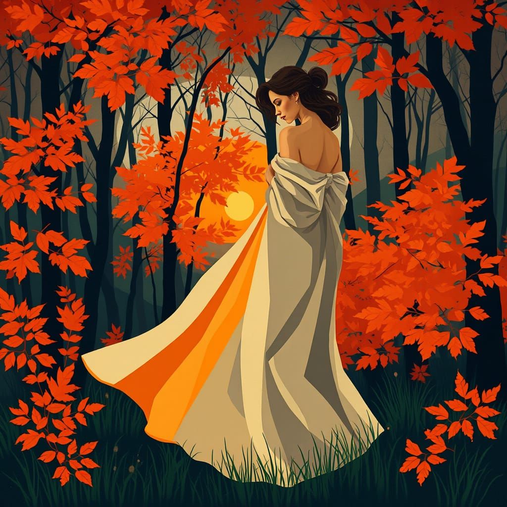 Cubist Autumn Scene with Woman in Forest