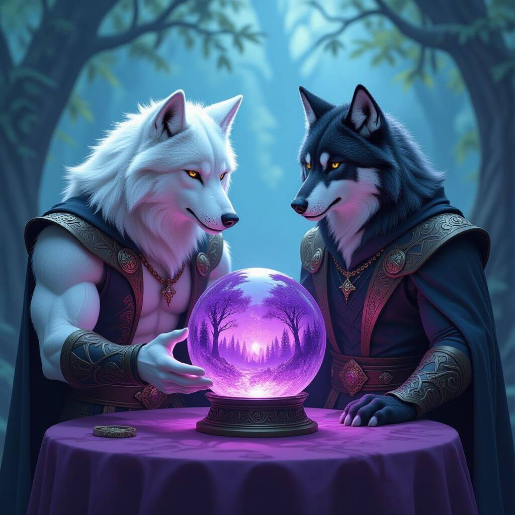 Warlock Wolves Gazing Into Magical Crystal Ball