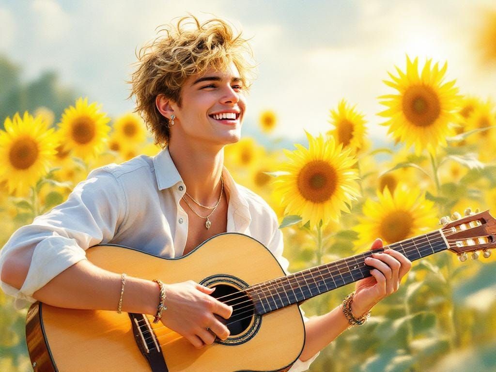 Radiant Guitarist in Sunflower Field, Watercolor Painting