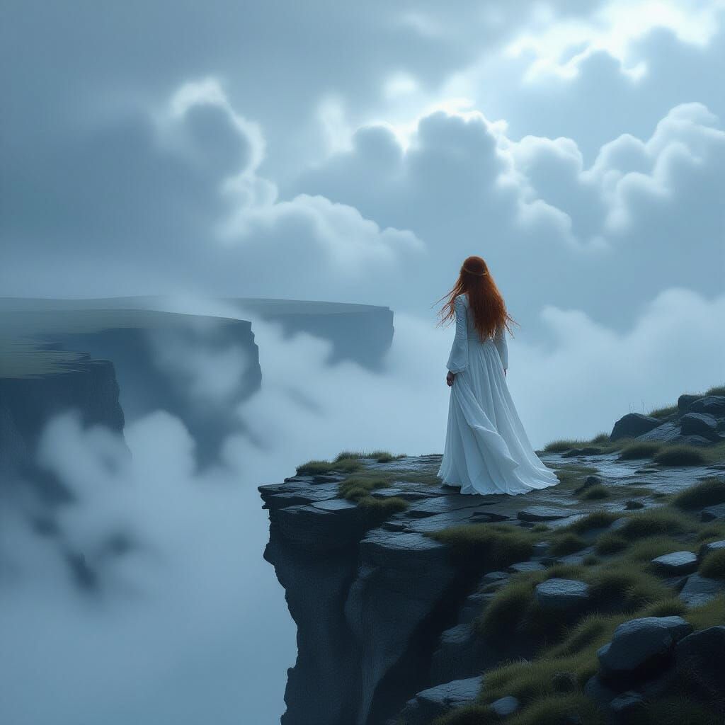 Woman on Cliff in Stormy Weather, Moody Art Style