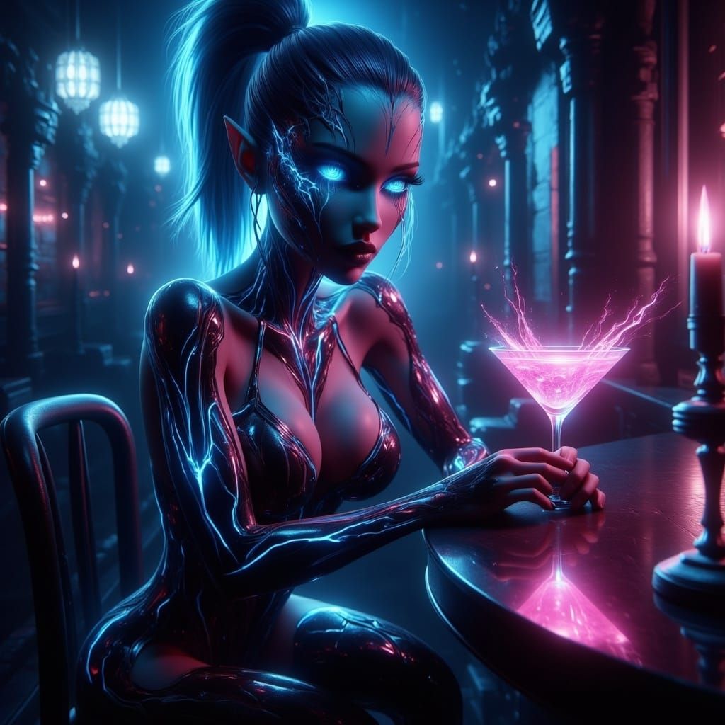 Alien Woman with Glowing Martini in Cyberpunk Bar