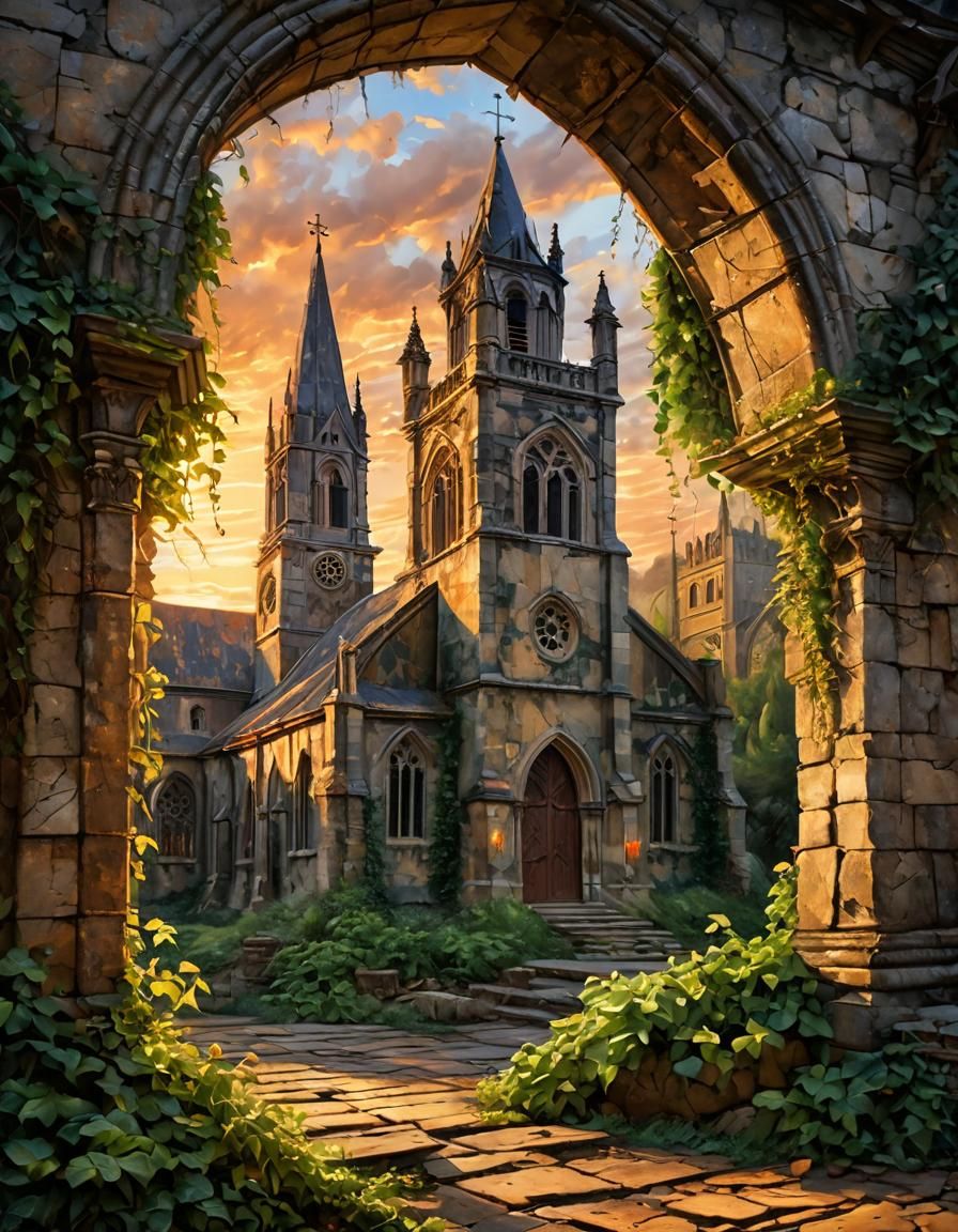 Gothic Church at Sunset: Rustic Acrylic Painting