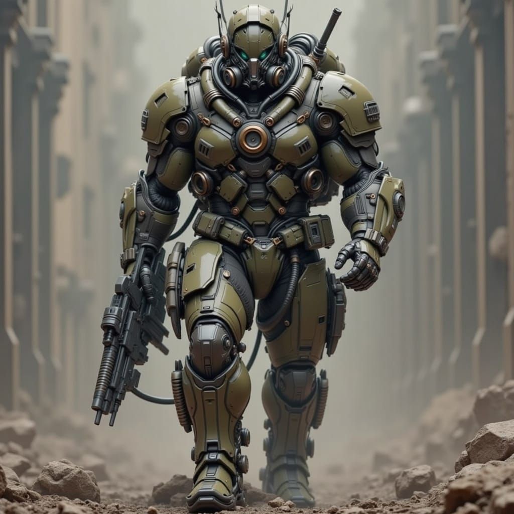 Muscular Cyborg Survivor in Post-Apocalyptic Suit