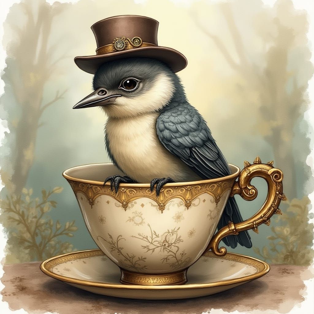 Steampunk Cuckoo in Teacup, Watercolor Painting