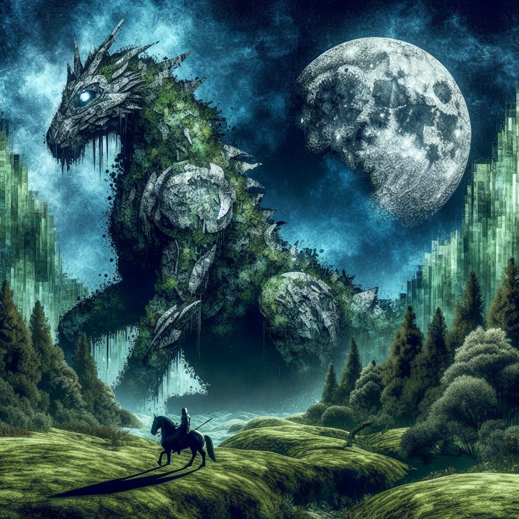 Knight Silhouetted Before Giant Stone Forest Monster