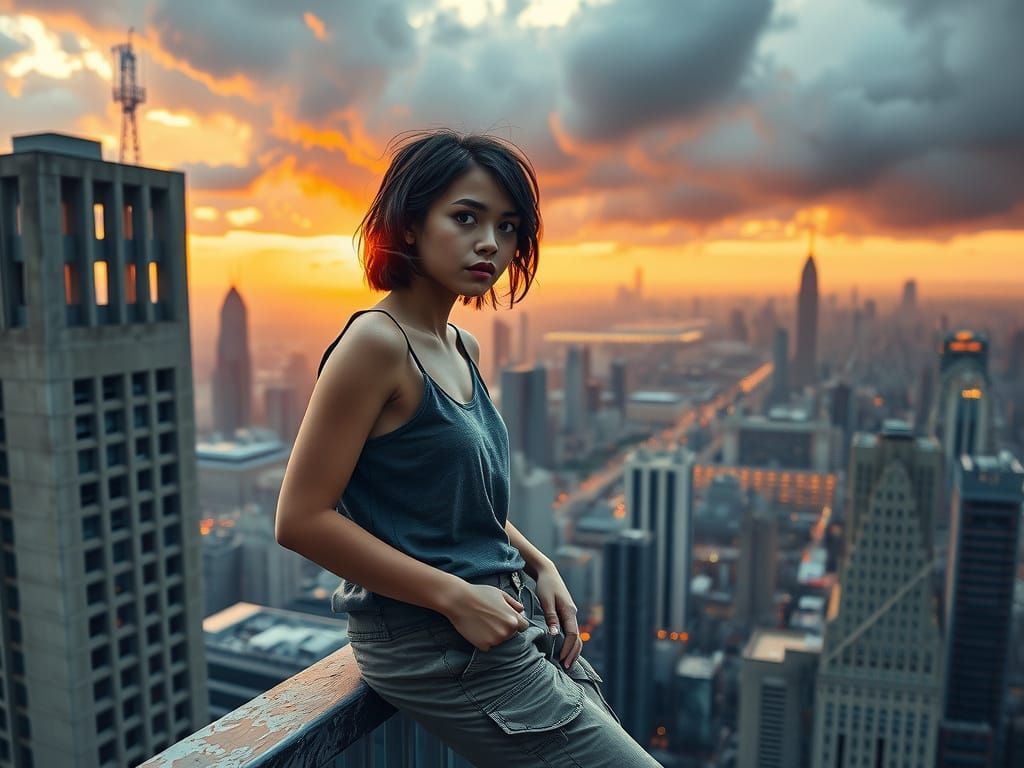 Girl in Contemplation, Cyberpunk Cityscape