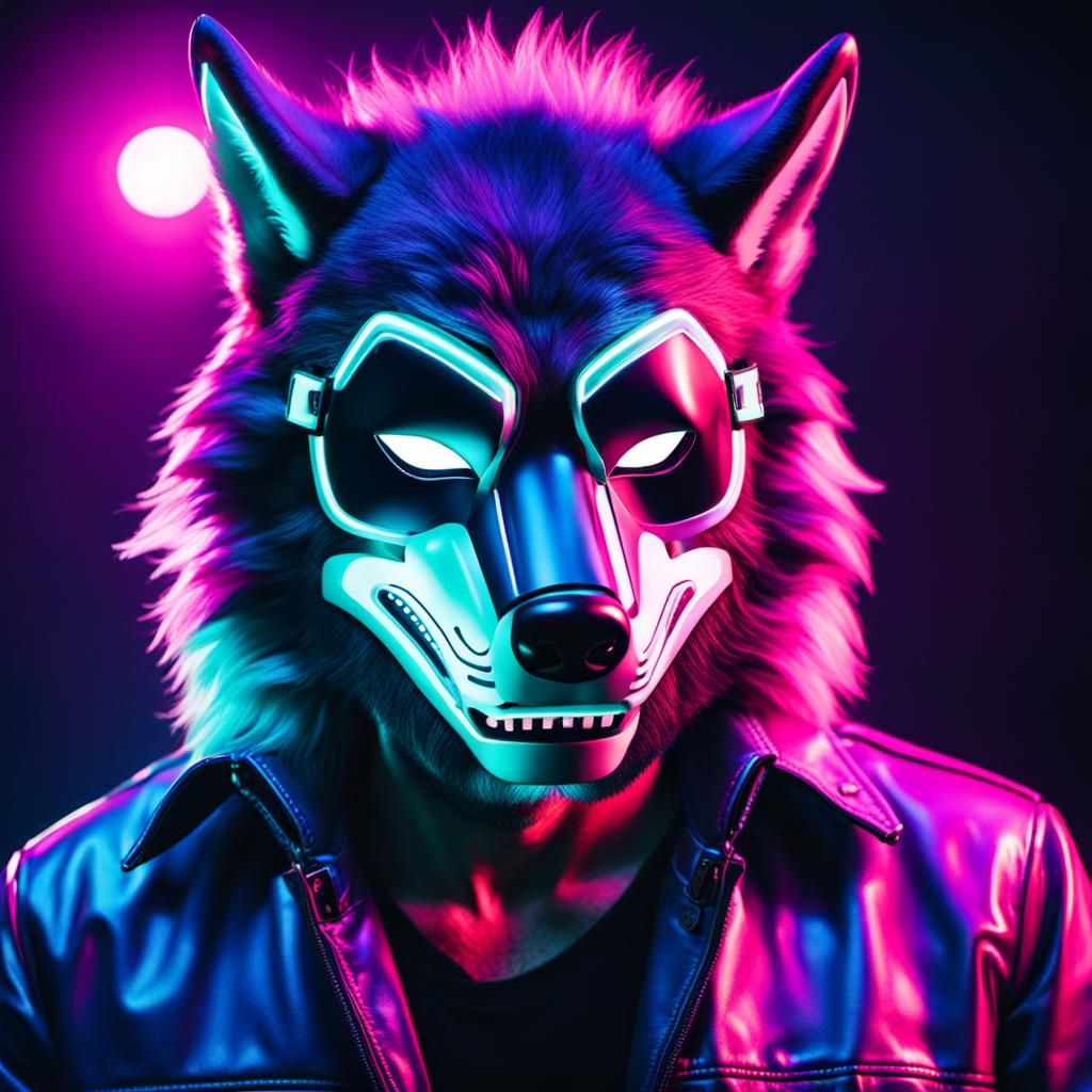 Man in Wolf Mask at Neon Synthwave Club
