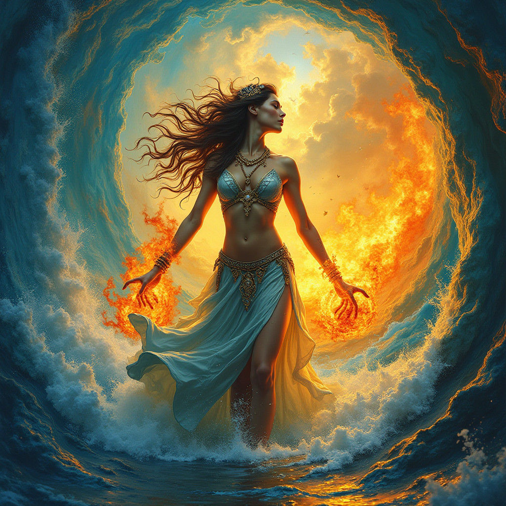 Mystical Woman of Water and Fire in Surrealist Style