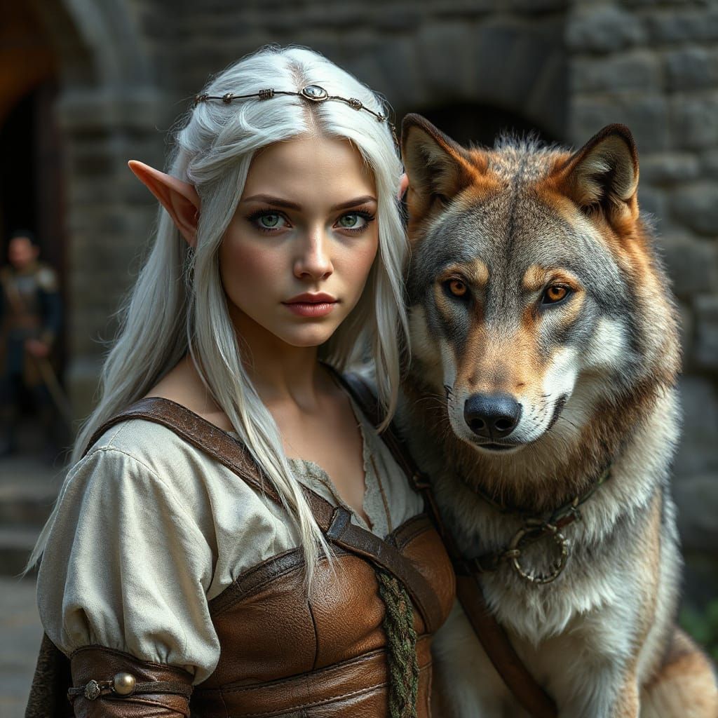 Elven Huntress and Dire Wolf Companion in Medieval Fantasy P...