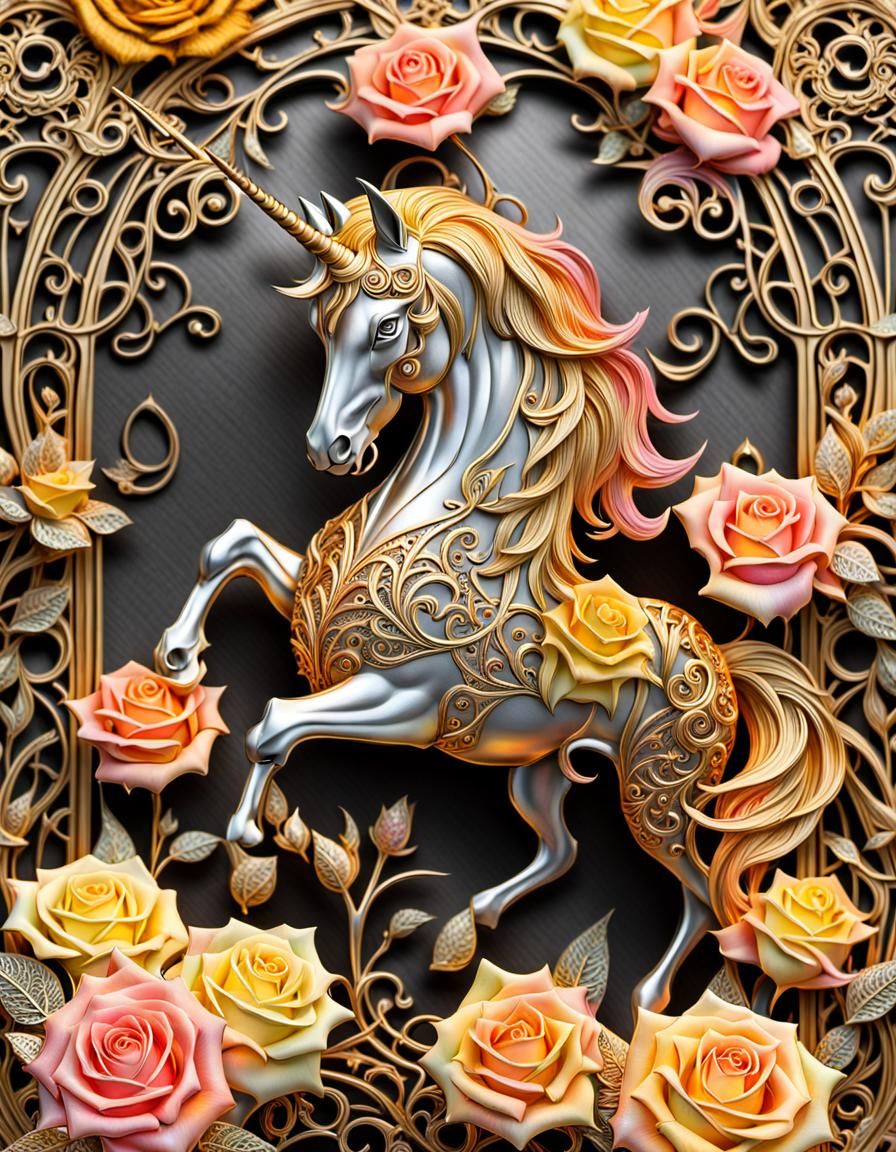 Golden Unicorns with Diamond Filigree and Roses