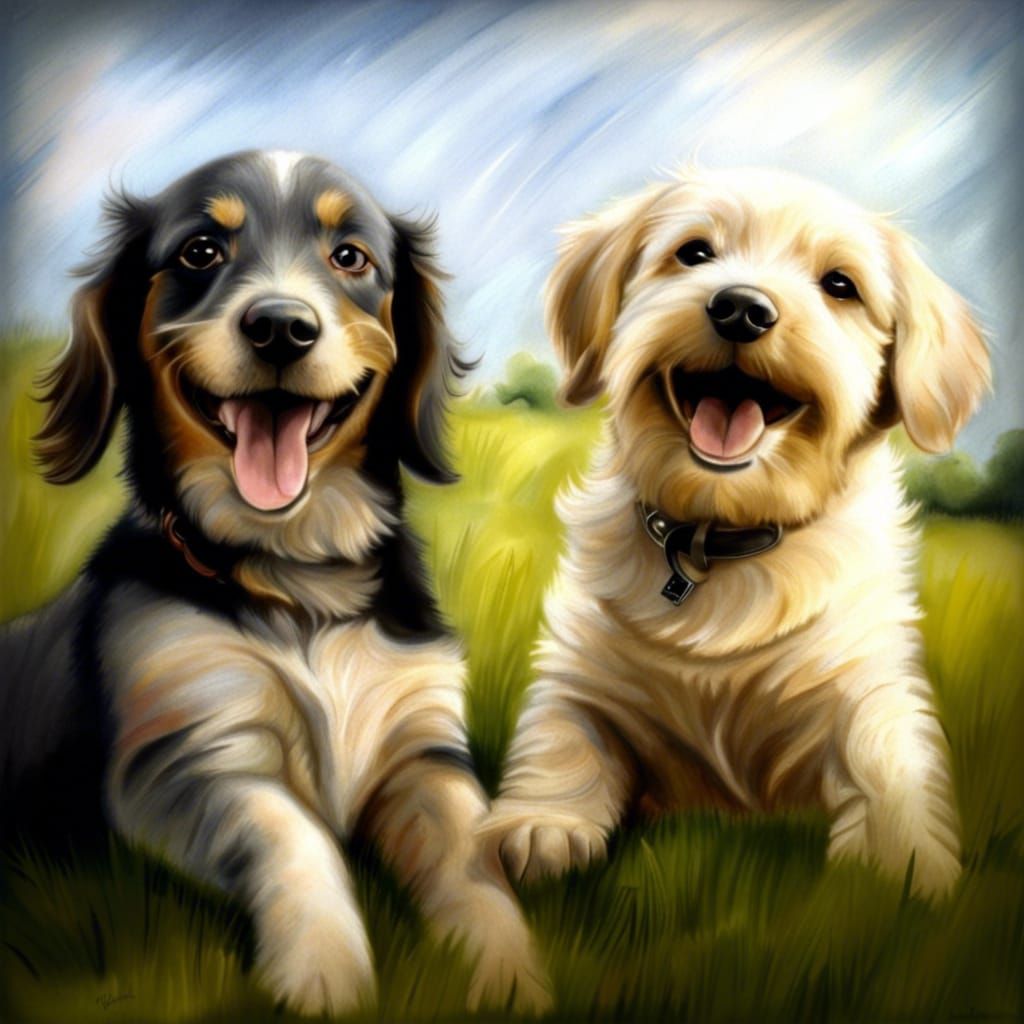 Hyperdetailed Charcoal Drawing of Happy Dog Friends