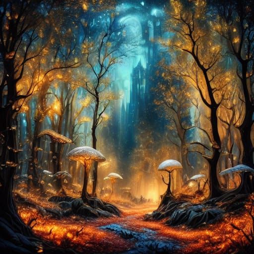 Bioluminescent Forest Clearing in Dark Fantasy Style