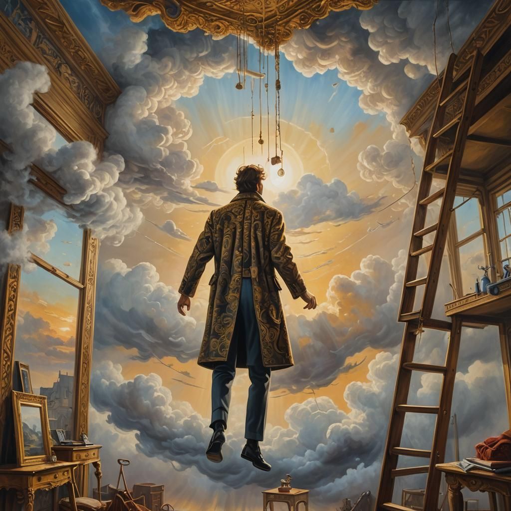 Surreal Floating Man in Dreamlike Oil Painting