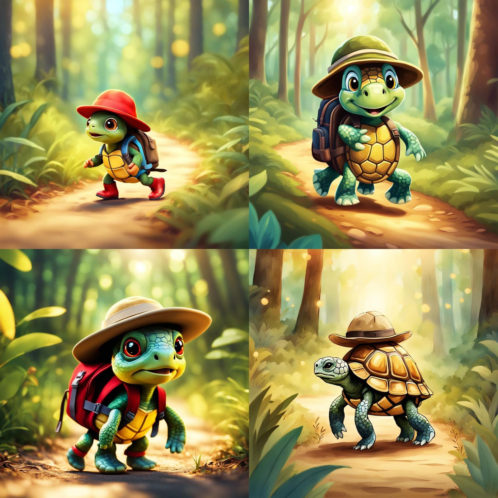 a cute, cartoon-style baby turtle with large, expressive eyes wearing a safari hat and a small backpack. The turtle shou...