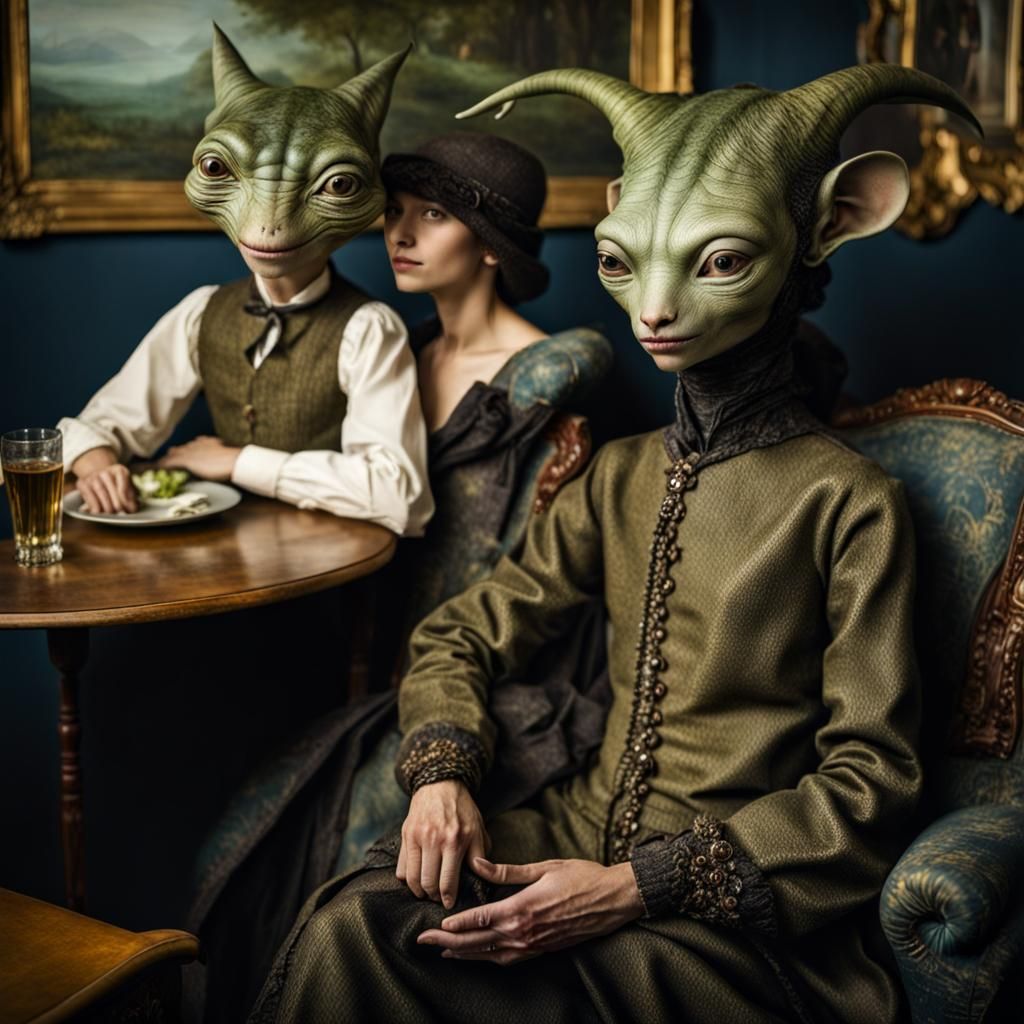 Surreal Restaurant Scene with Beautiful Aliens