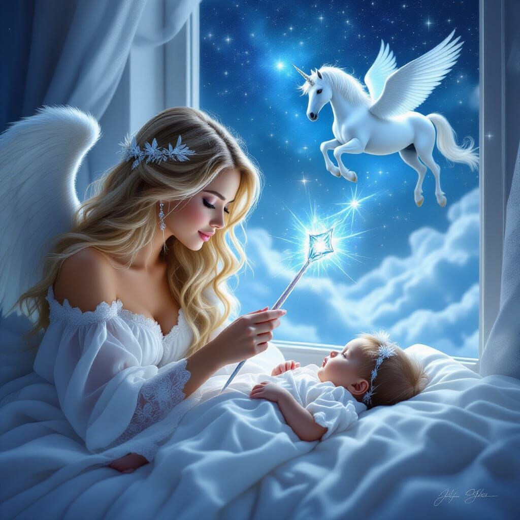 Angel Watching Over Baby with Unicorn in Galactic Sky