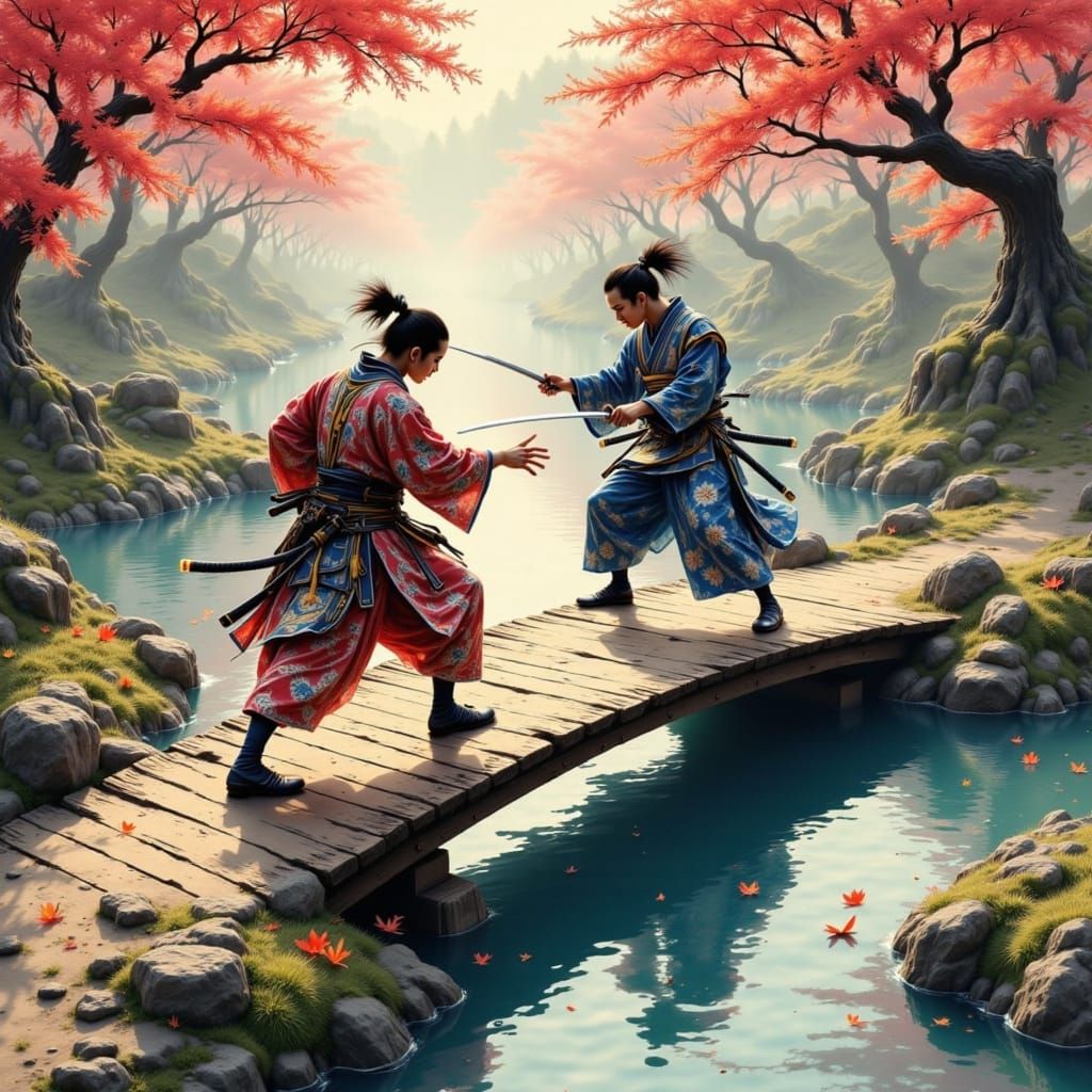 Samurai Duel in a Serene Japanese Garden