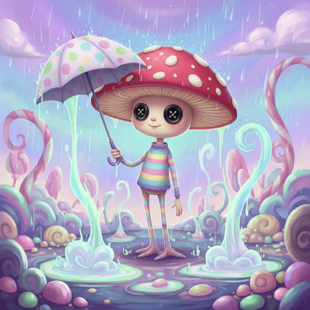Mushroom Spirit with Polka-Dot Umbrella in Pastel Neon Acid ...
