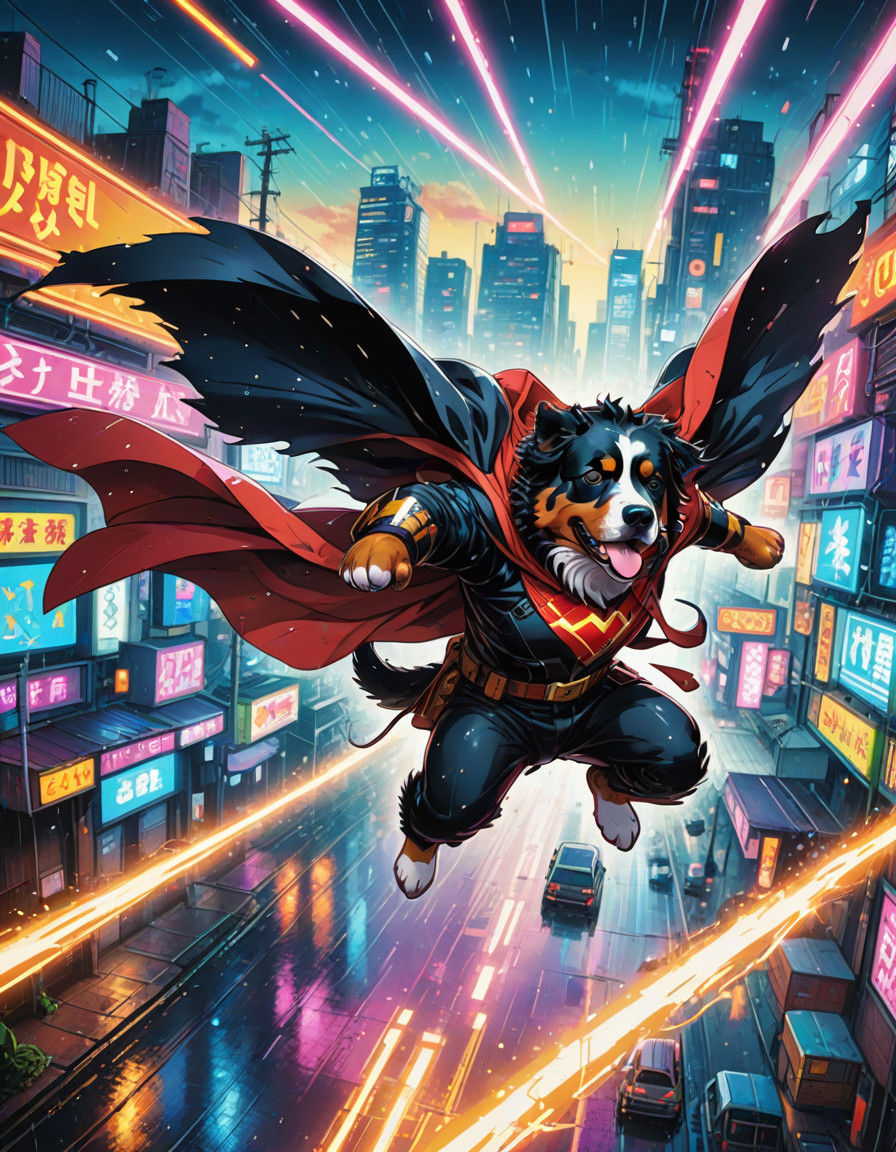 Anime Bernese Mountain Dog Hero Soars through Neon City