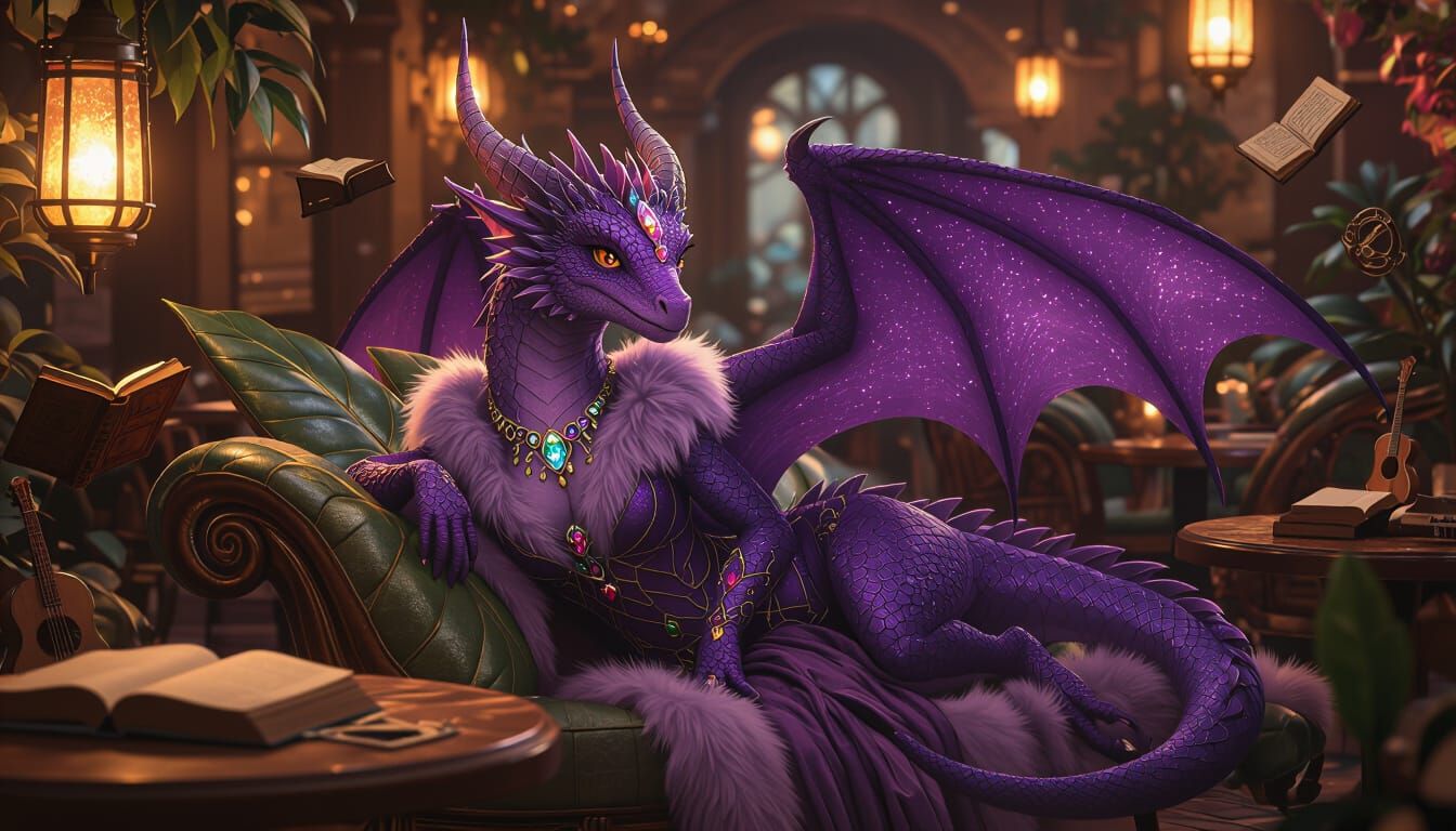 Purple Dragon Lounging in Magical Cafe