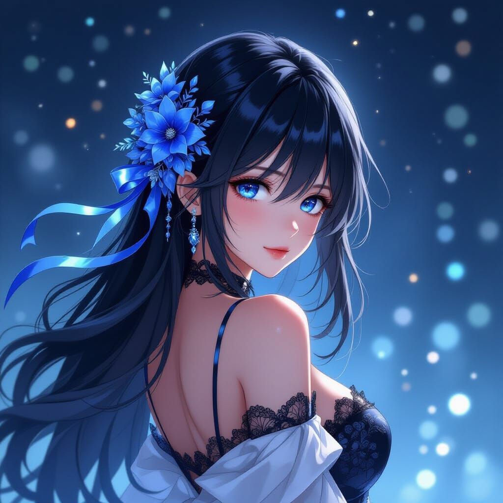 Anime-Inspired Woman with Blue Highlights