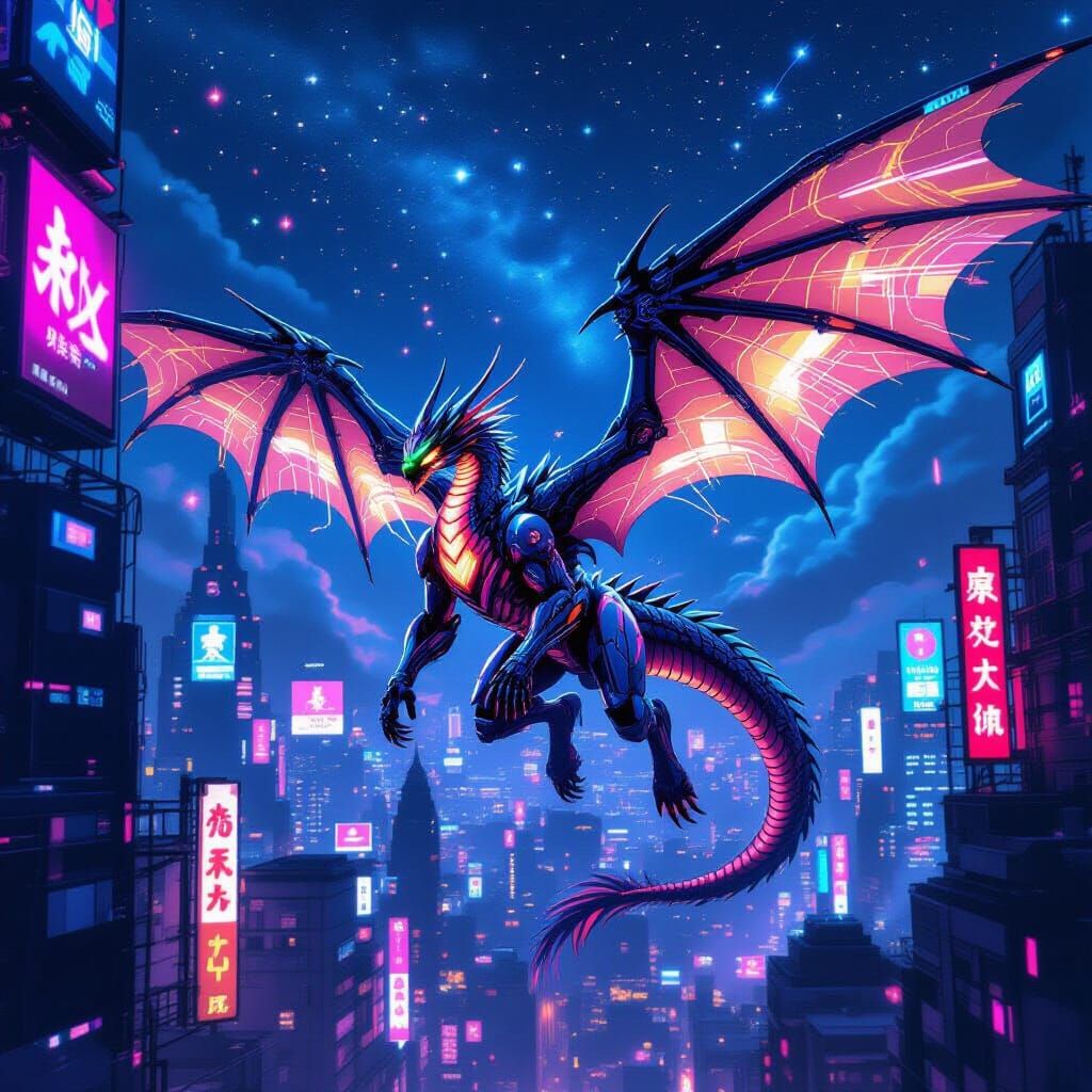 Cyber-Dragon Streaks Through Neon Cityscape