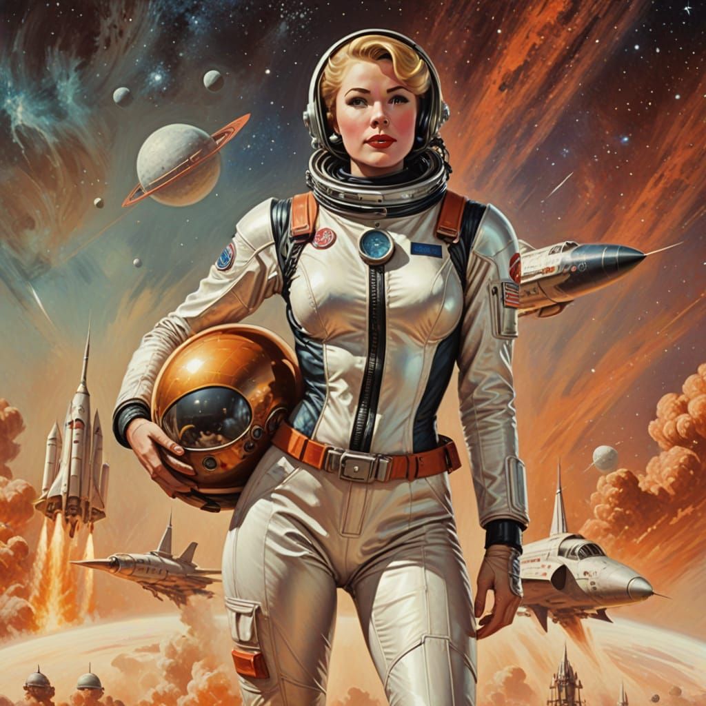 Retro-SciFi Pinup in Spacesuit Oil Portrait