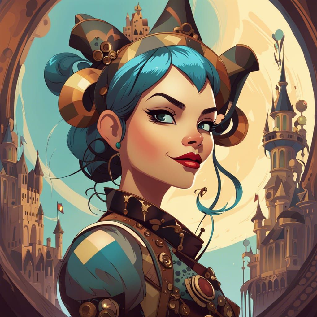 Steampunk Jester Portrait in Minimalist Vector Art