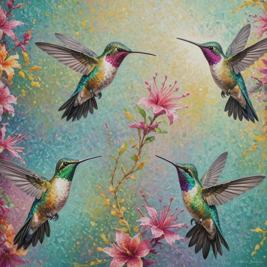 Hummingbirds in Flight: A Pointillist Style Image
