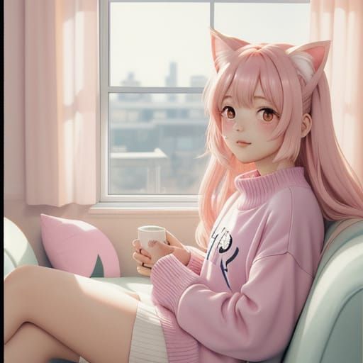 Anime Girl Lounging in Cozy Room with Pastel Colors