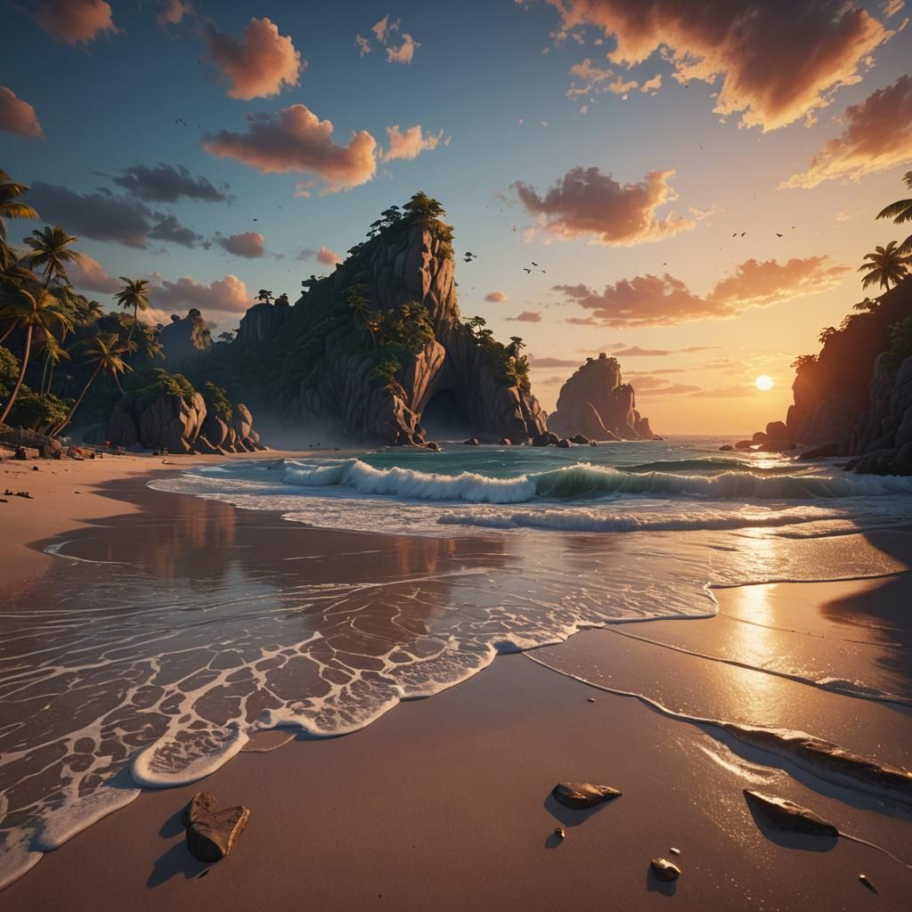 Stunning Sunset Beach View: Detailed Matte Painting