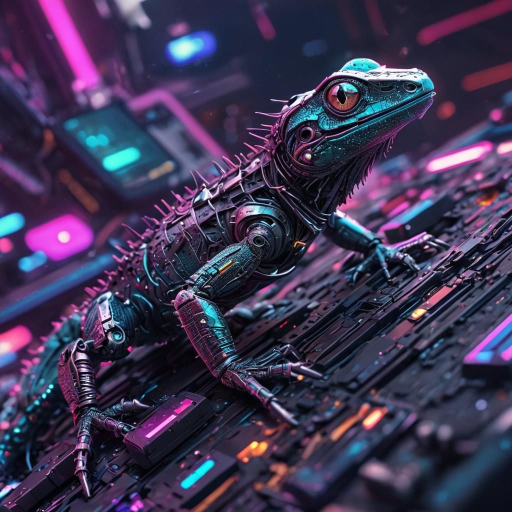 Cyberpunk Robotic Lizard in Holographic Illustration