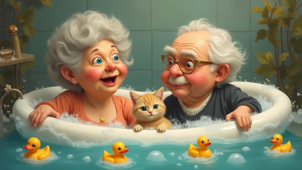 Silly Seniors Soak in a Bubble Bath with Feline Friend