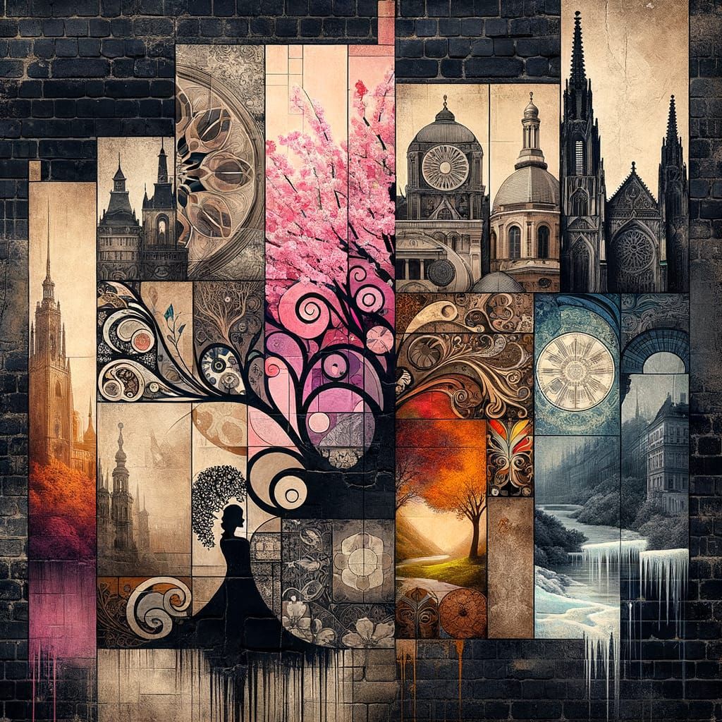 Abstract Collage on Aged Brick Wall