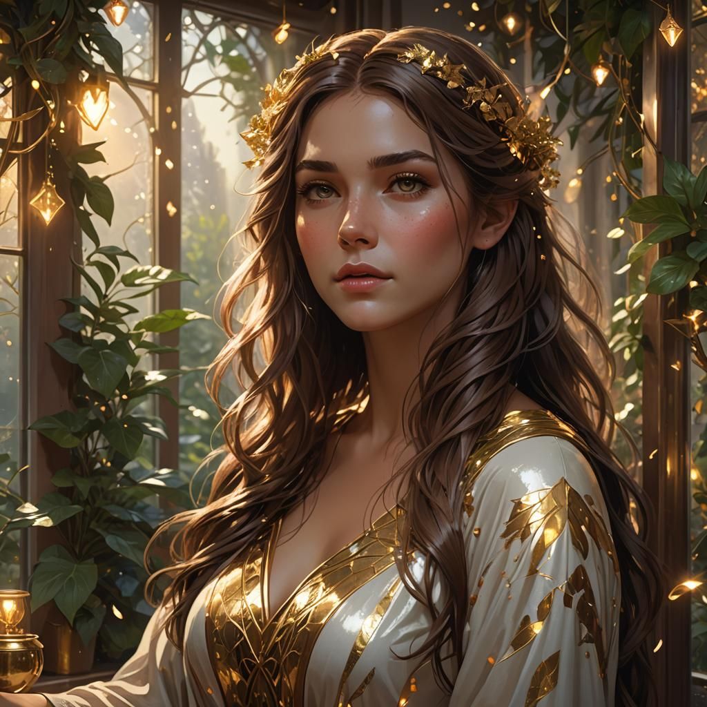 Golden Goddess Portrait with Fairy Lights