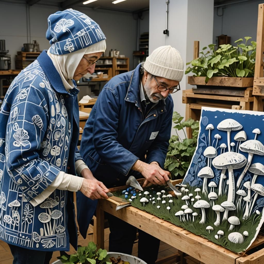 Linocut Style: Activists Harvesting Tintling Mushrooms
