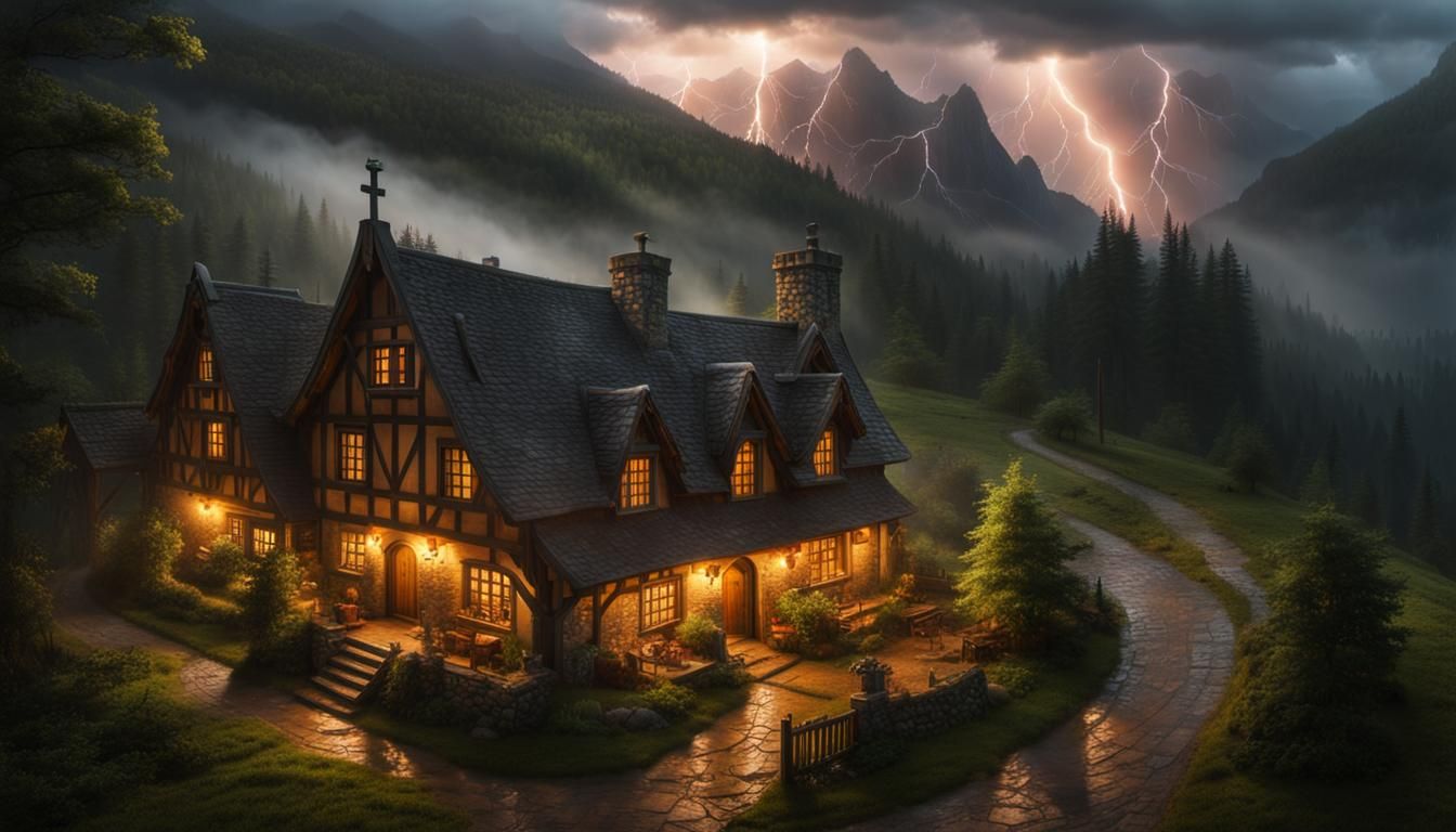 Fantasy Medieval Inn in Rain, Thomas Kinkade Style