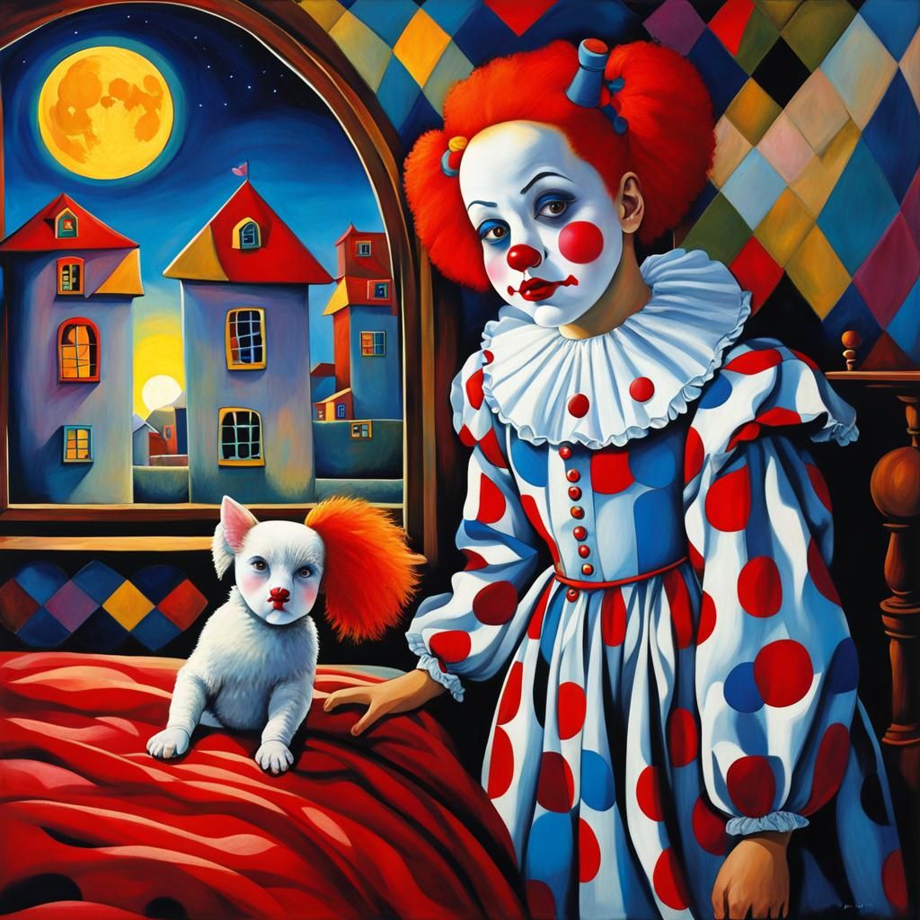 Pierrot Clown at Girl's Bedside in Cubist Style