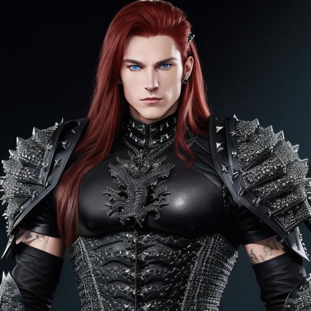 Handsome Warrior in Dark Armor with Dragon Motif
