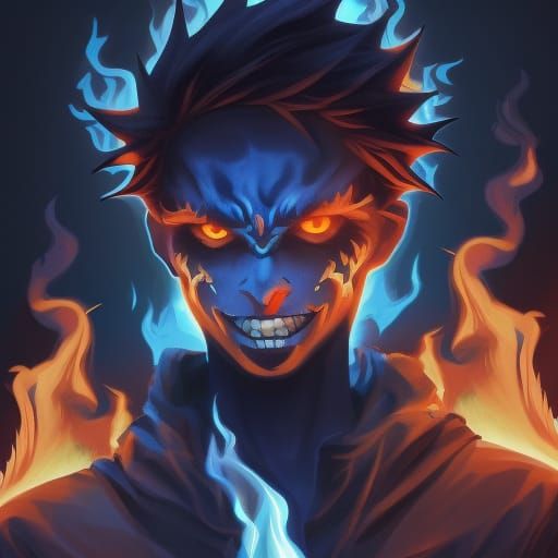 Teenage Demon Engulfed in Blue Flames: Hyperrealistic