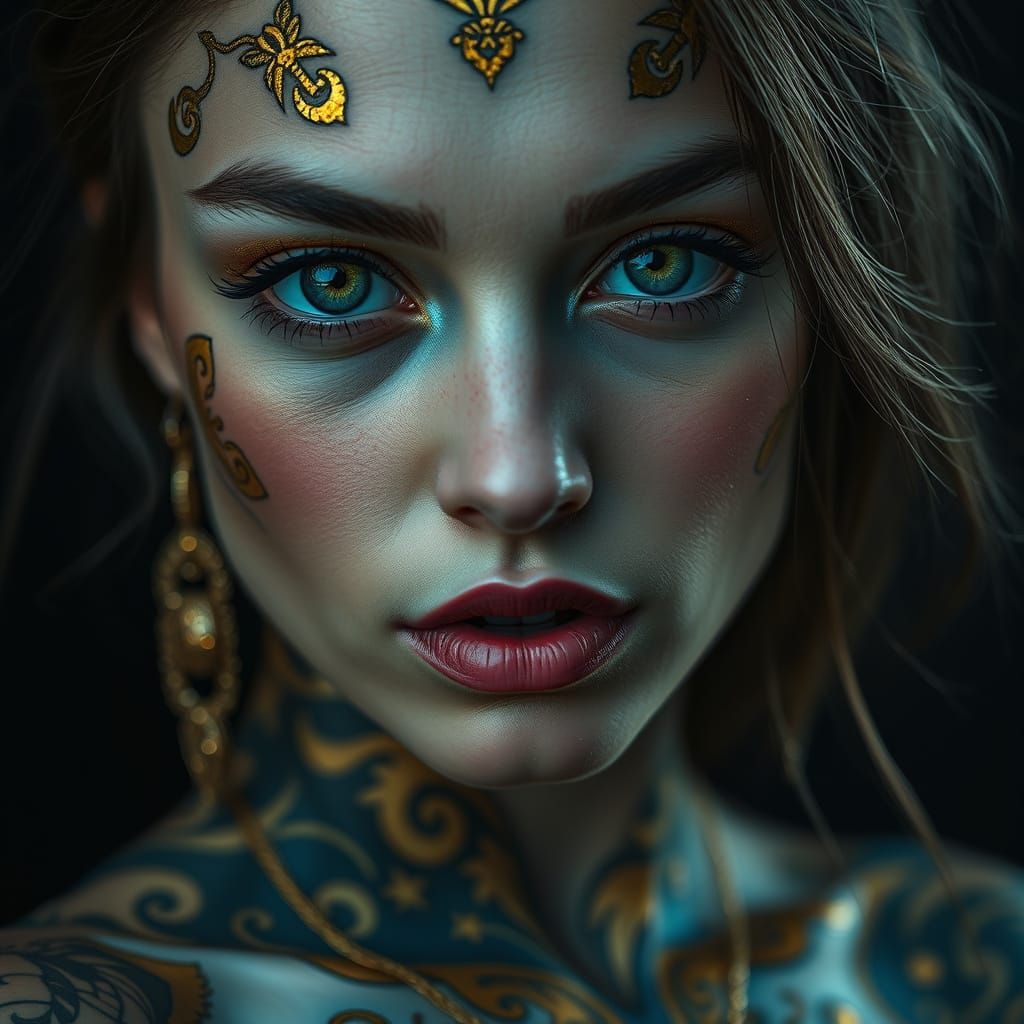 Green-Eyed Woman with Golden Body Art
